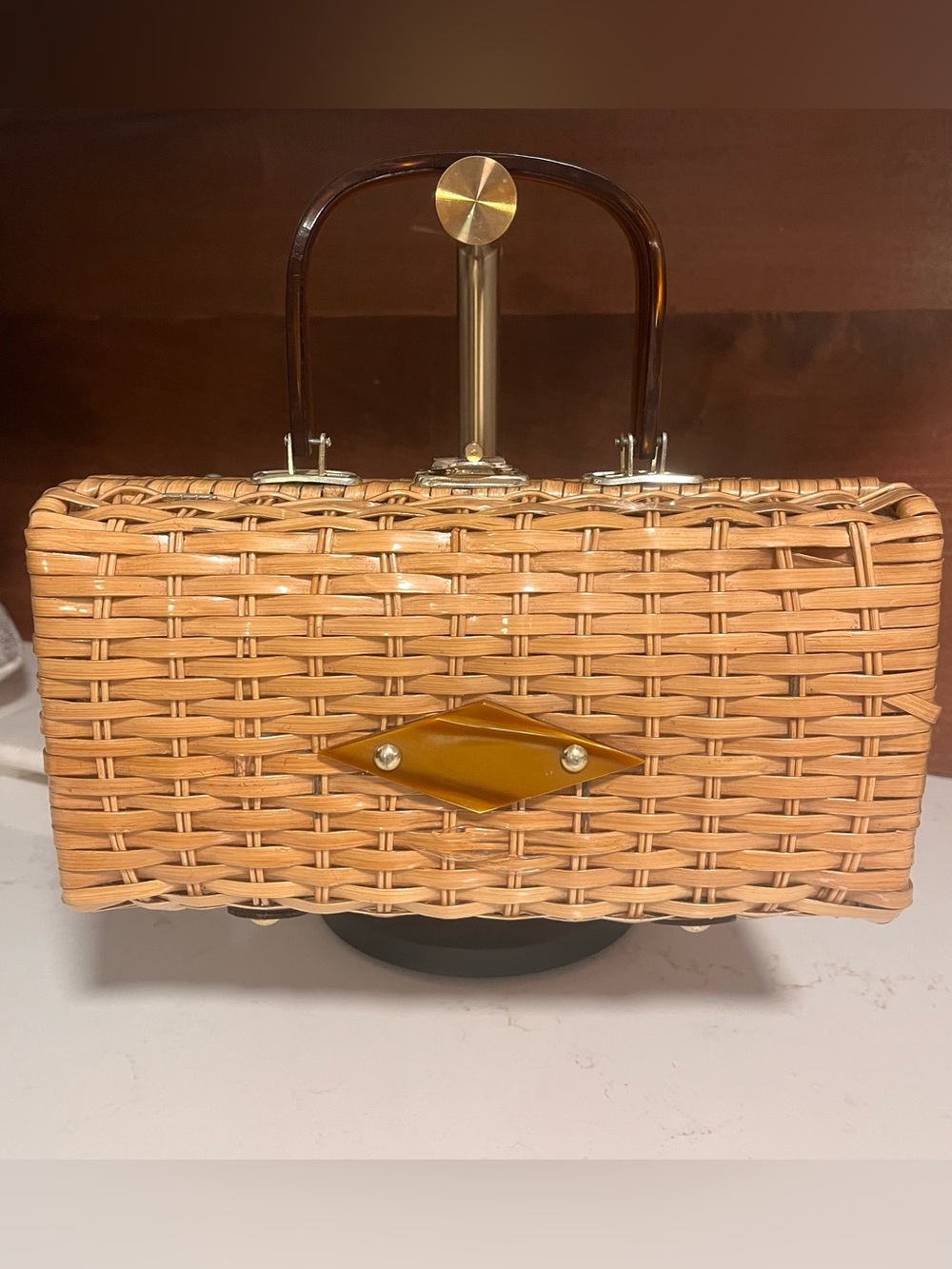 Vintage 1950s/60s Mid-Century Woven Plastic Wicker Box Purse with Lucite Handles